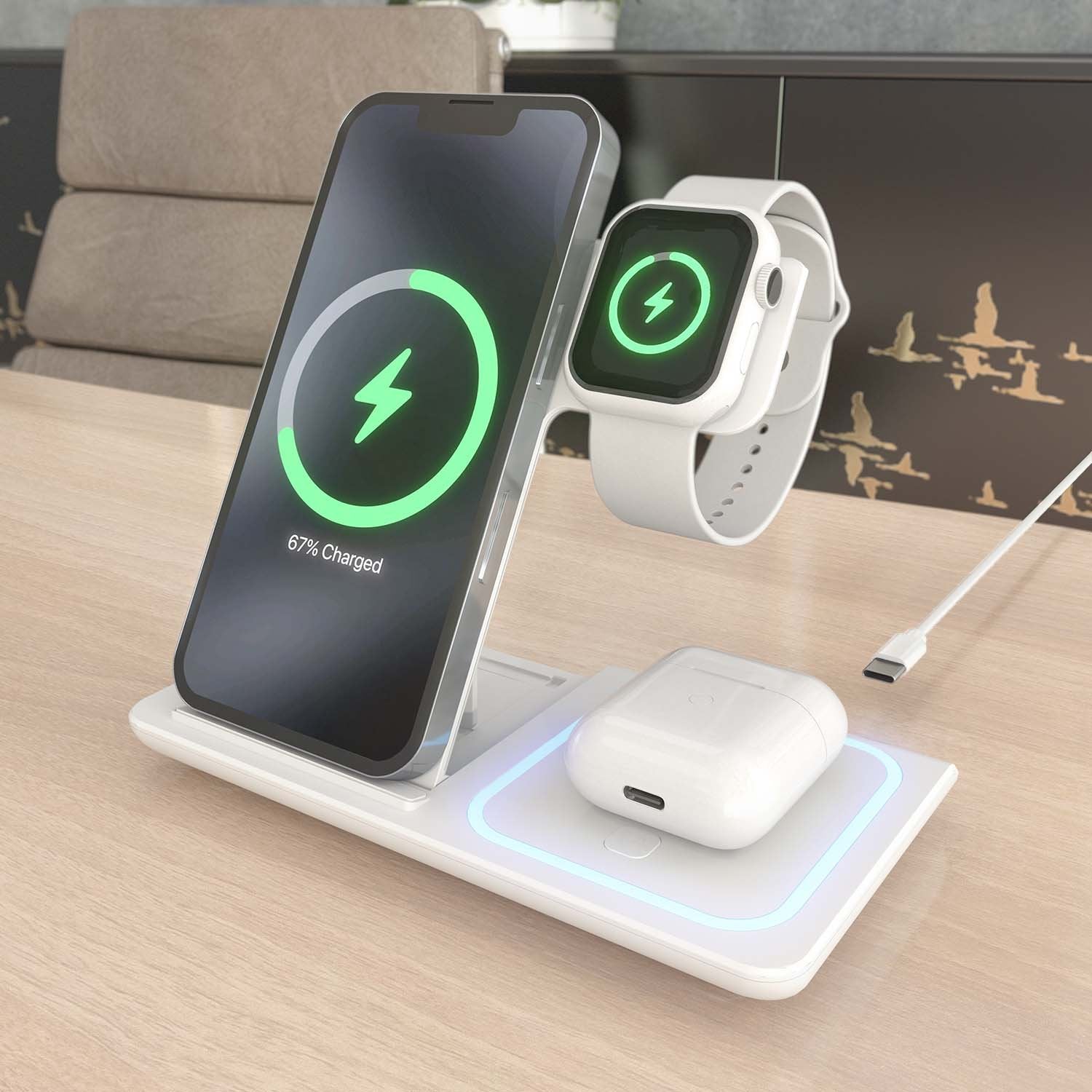 Aisens Cargador Inalambrico Usb-C 3 En 1 De 15w Para Movil, Apple Watch, Ariculares Con Estuche De Carga, Blanco