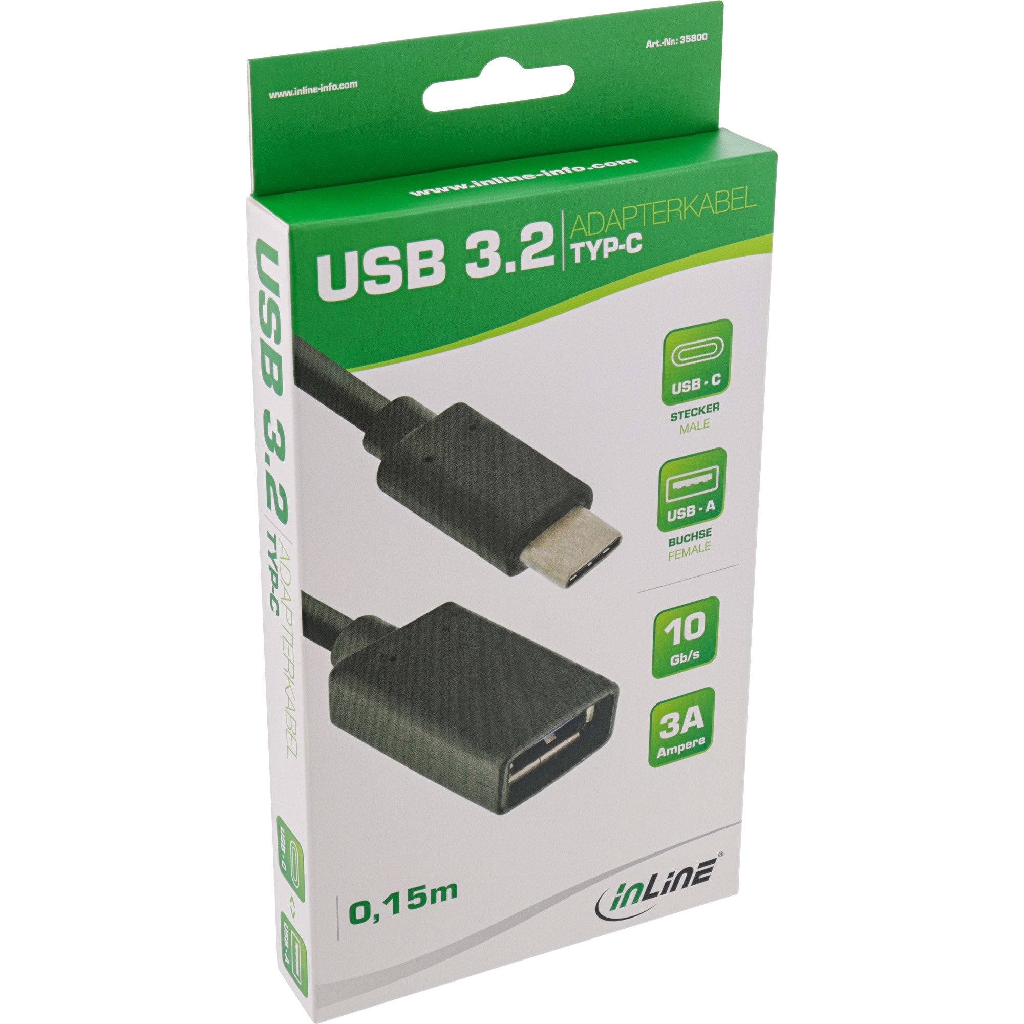 Adaptador Inline Usb 3.1 Otg, Tipo C Macho A A Hembra, Negro, 0,15 M