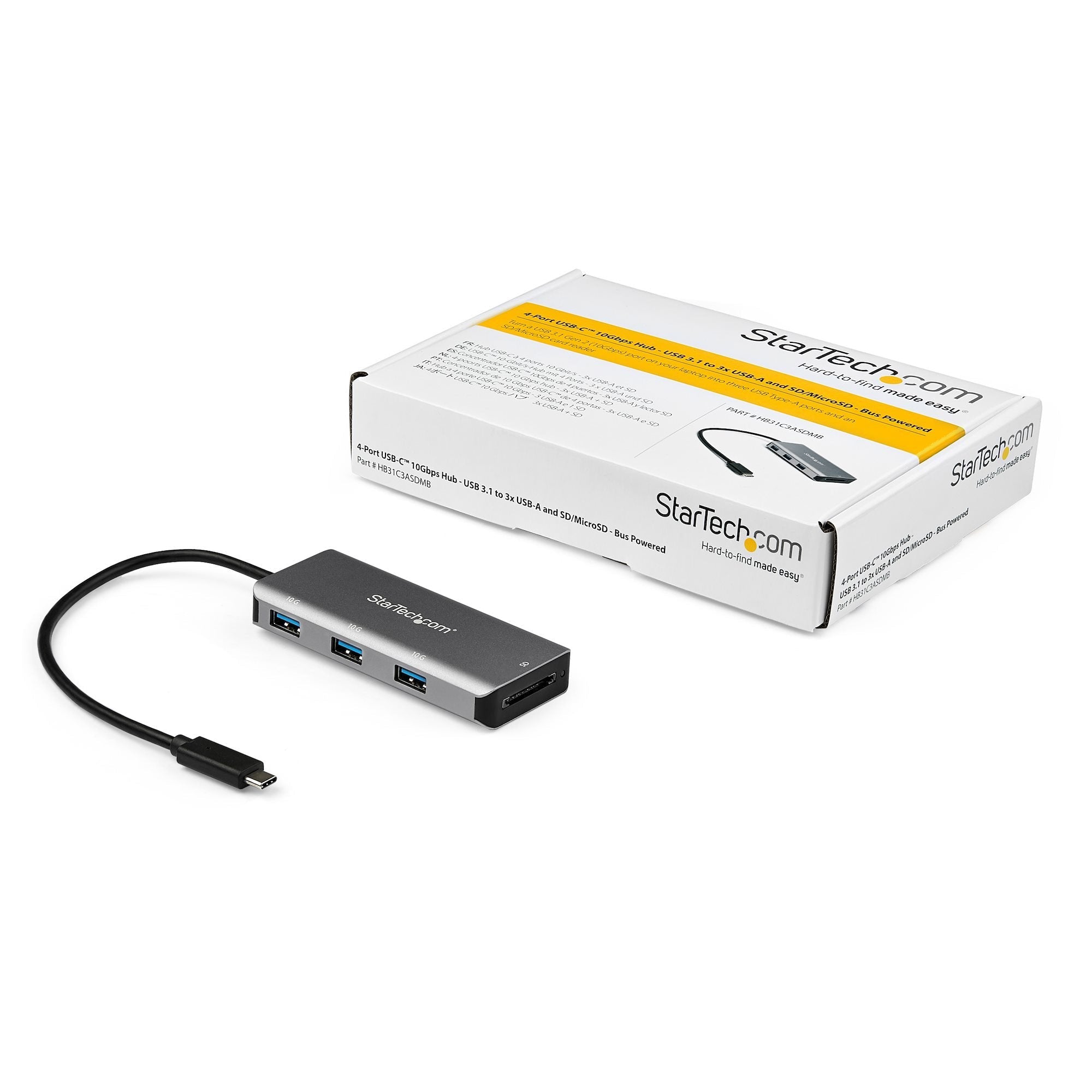Startech.Com Hub Usb-C 10gbps De 3 P Con Lector Flash Sd - 3x Usb-A, Usb 3.2 Gen 2 (3.1 Gen 2) Type-C, Usb 3.1 (3.1 Gen 2) Type-A, Sd, 10000 Mbit/S, Negro, Gris, Aluminio, De Plástico