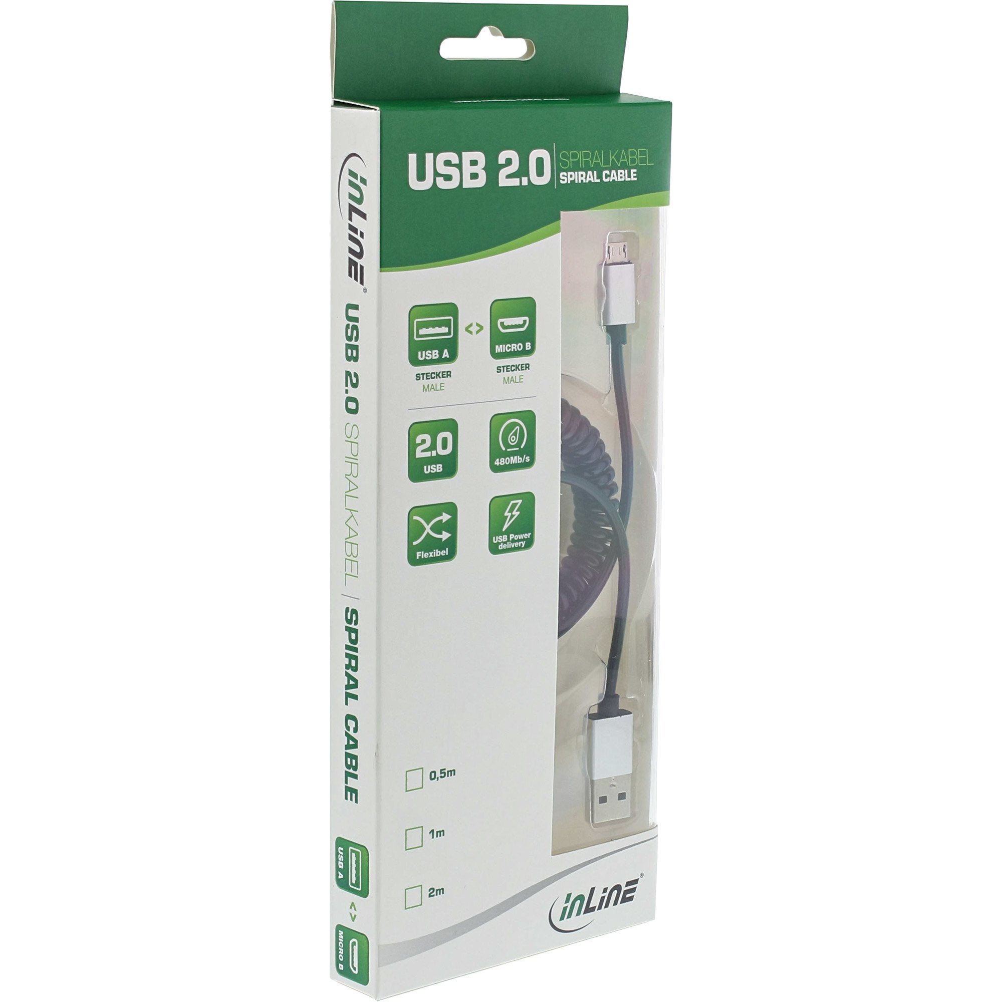 Cable Espiral Inline Micro-Usb 2.0, Conector Usb-A A Conector Micro-B, Negro/Aluminio, Flexible, 3 M