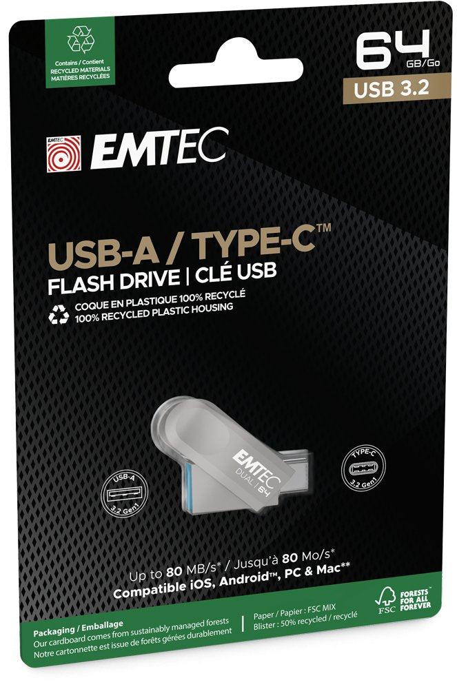EAN 3126170182579 - Emtec D280 Dual unidad flash USB 64 GB USB Type-A / USB Type-C 3.2 Gen 1 (3.1 Gen 1) Plata imagen 3