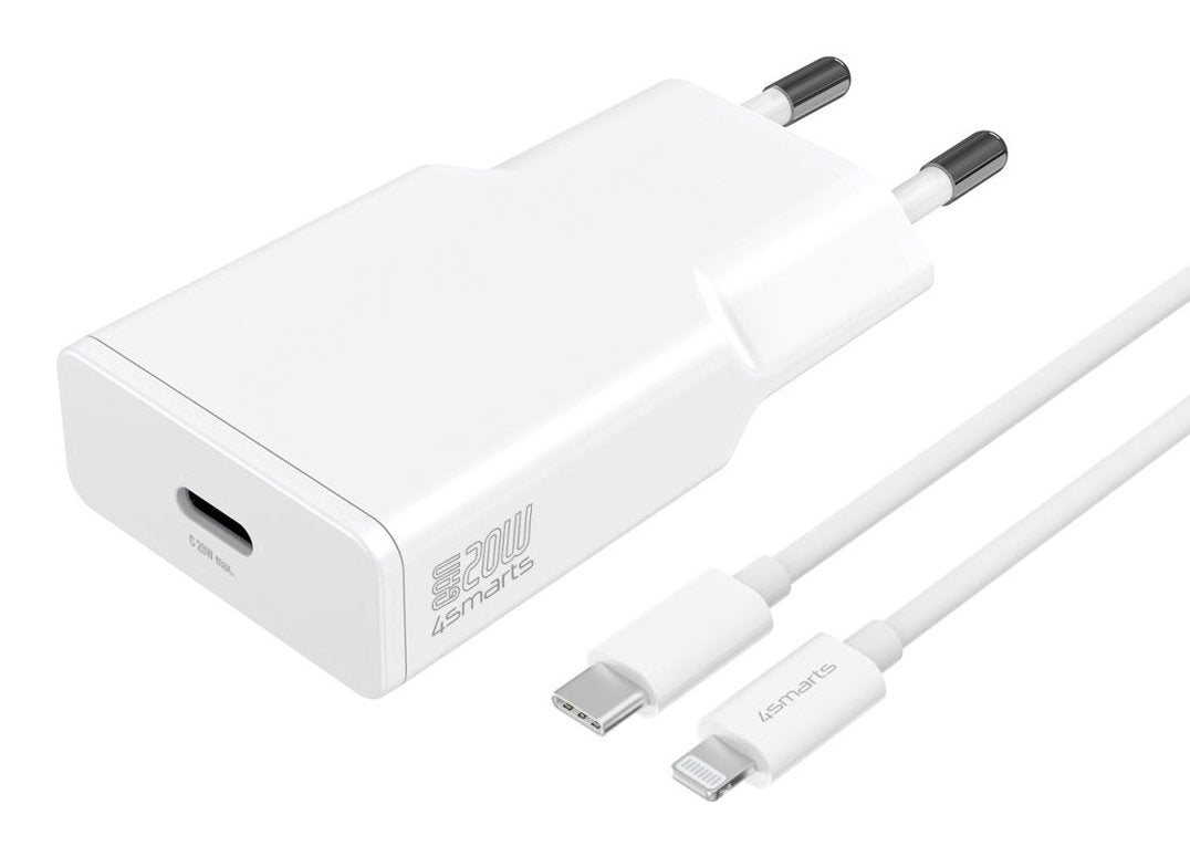 Cargador De Pared 4smarts Pdplug Slim 20w Gan 1c + Usb-C Auf Lightning 1,5m, Blanco