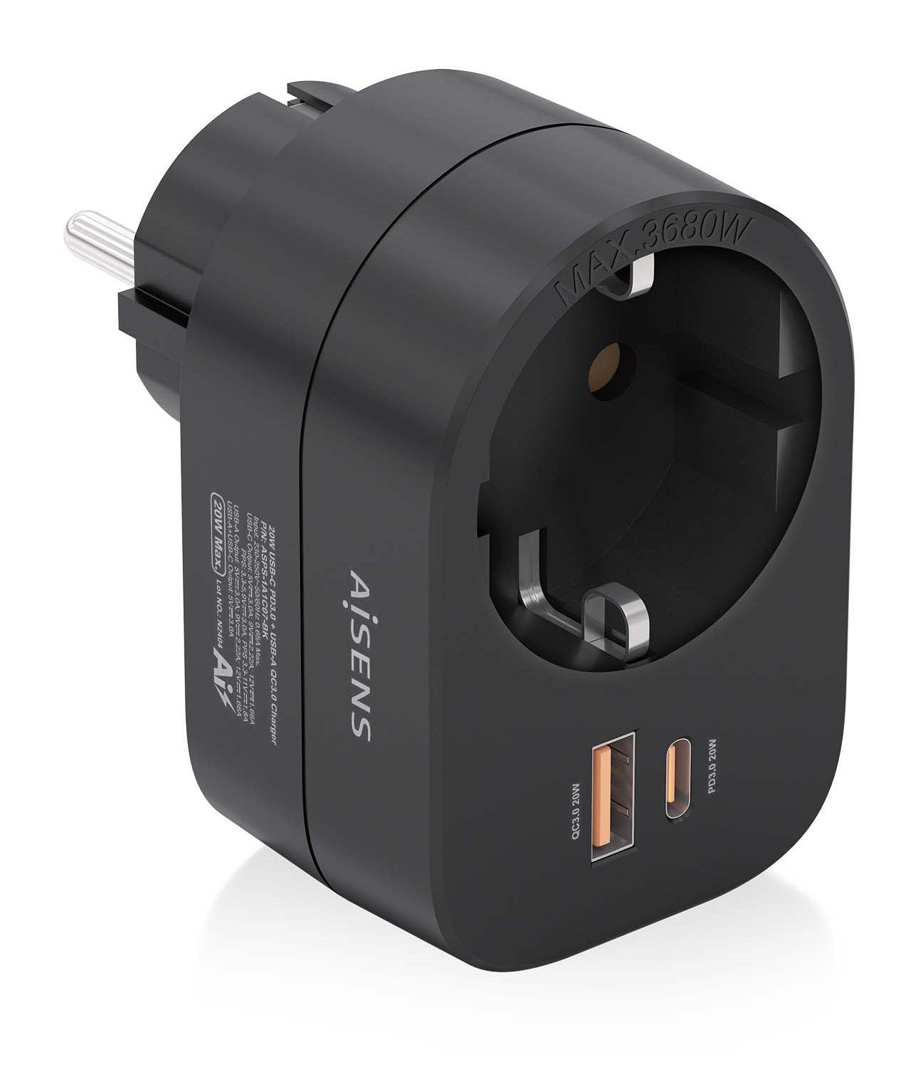 Aisens Regleta De Pared Multifuncion Con 1 Toma + 1xusb-C 20w Pd3.0, 1xusb-A 20w Qc3.0, Negro