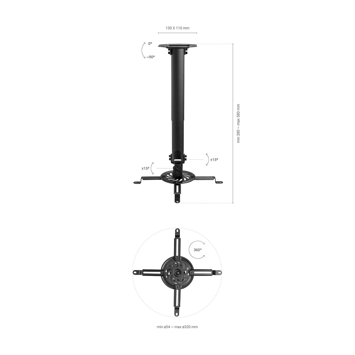 Aisens Soporte Universal Giratorio - Inclinable Y Extensible De Techo Para Proyector - Hasta 13.5kg - Negro