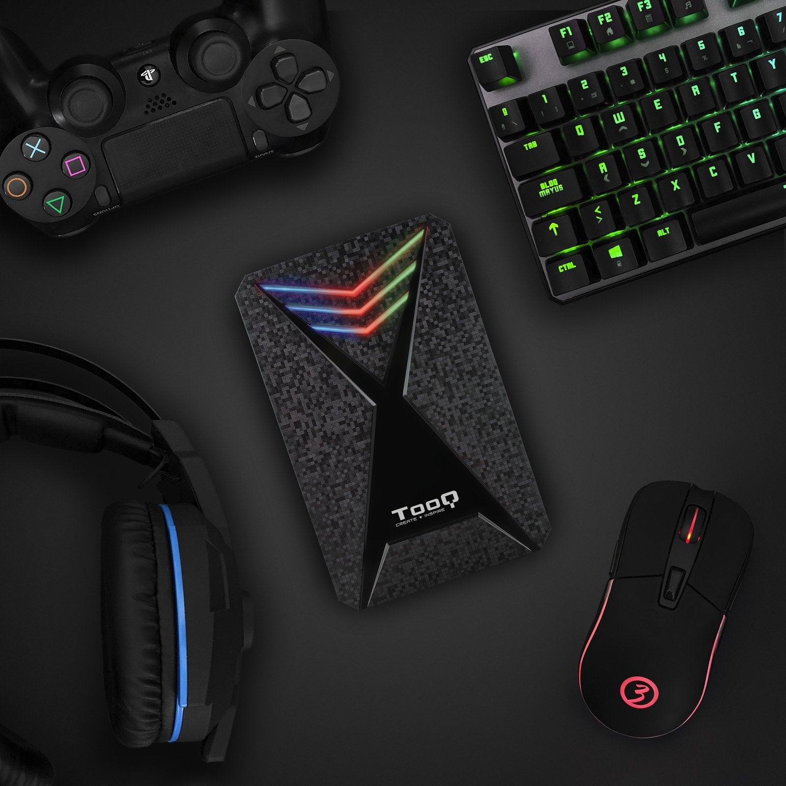 Tooq Carcasa Externa Gaming Hdd/Sdd 2.5" Hasta 9.5mm Sata Usb 3.0/3.1 Gen 1 - Iluminacion Led Rgb - Sin Tornillos -