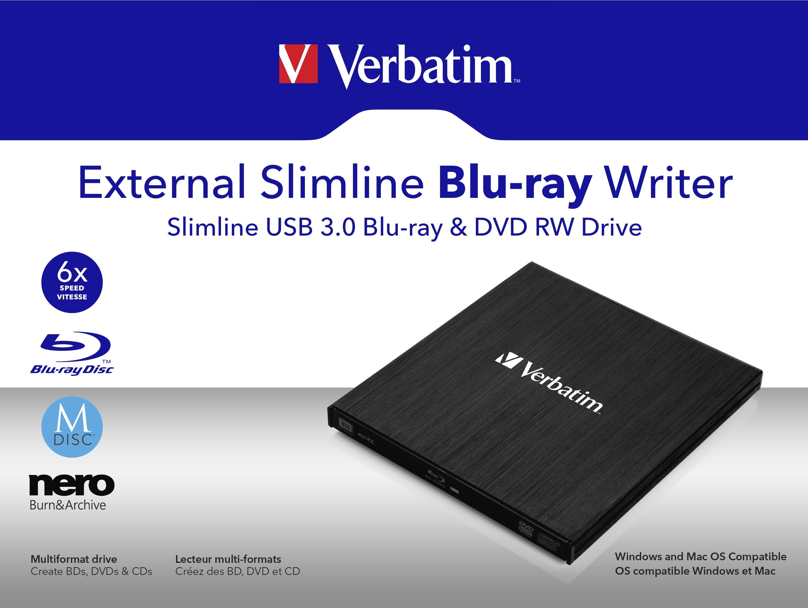 Grabadora Externa Verbatim Br/Cd/Dvd Slimline, Alimentación A Través Del Puerto Usb 3.2