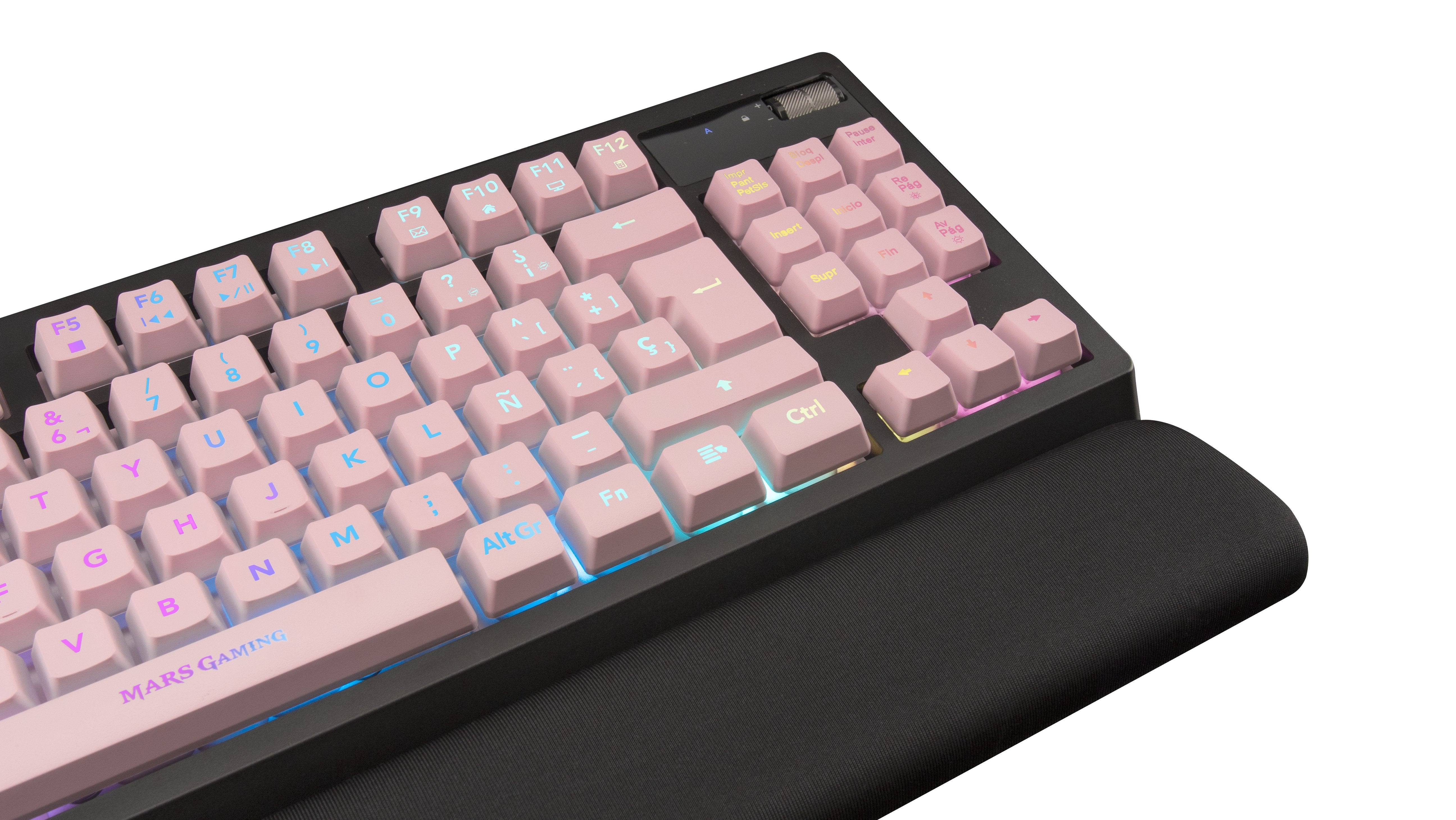 Teclado Mars Gaming Mkaxpes Pink Tecnología H-Mech Iluminación Rgb Control Reposamuñecas Gel Control Volumen Cable Usb 180cm