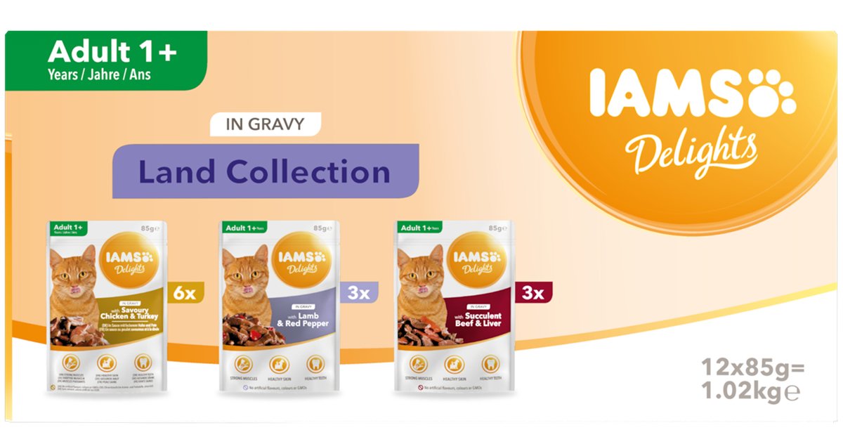 Iams Delights Land Collection In Gravy Box Comida Húmeda Para Gato 12x85g