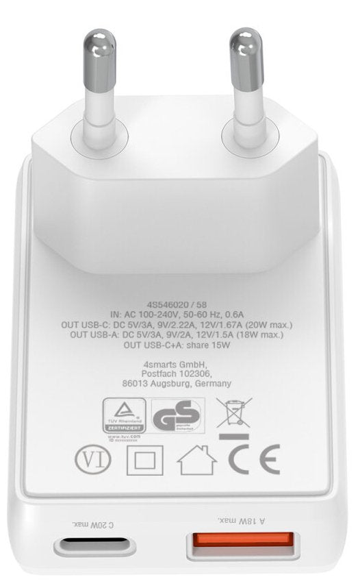 4smarts Netzladegert Flatplug Duos 20w Gan 1c+1a, Wei