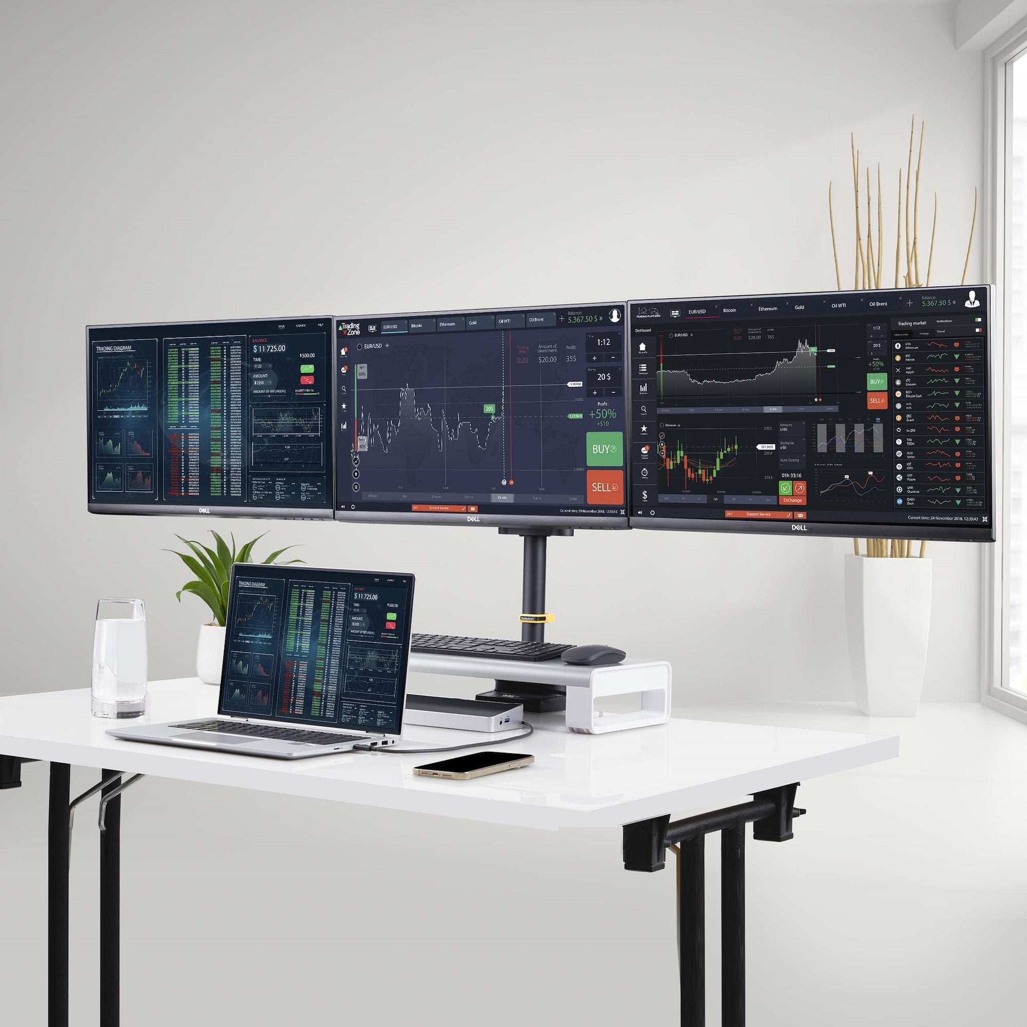 Startech.Com Triple Monitor Desk Mount For Up To Three 27in Screens, Vesa 75x75/100x100, Tool-Less Arm Adjustments, C-Cl