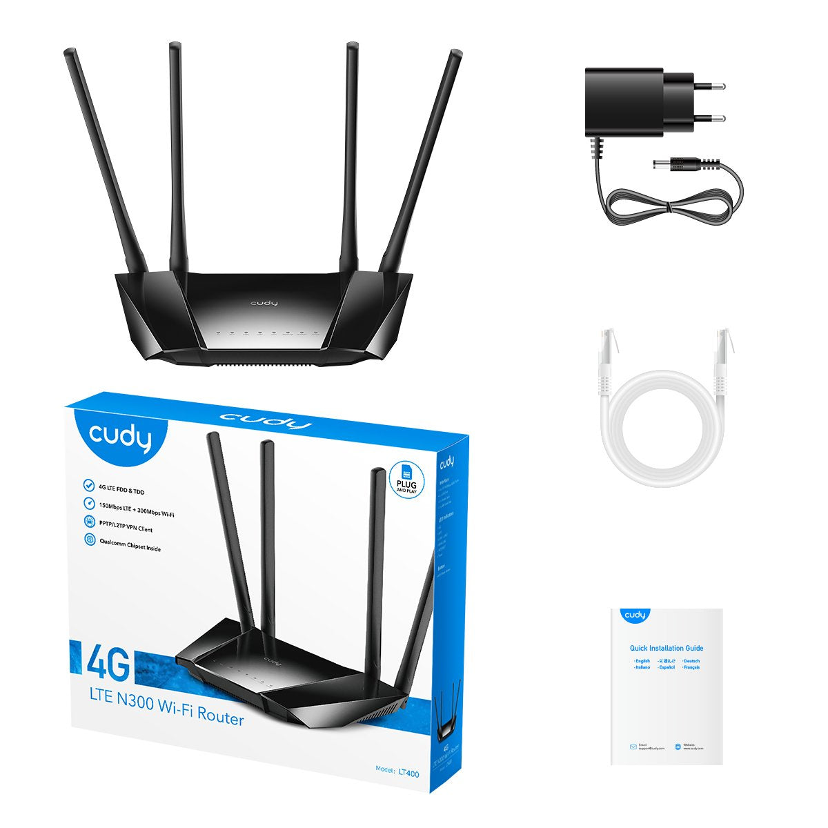 Cudy Lt400 Router Wifi N 4g Lte De 300 Mbps - 1x Puerto Wan 10/100mbps Y 3x Puertos Lan 10/100mbps - 4 Antenas Externas