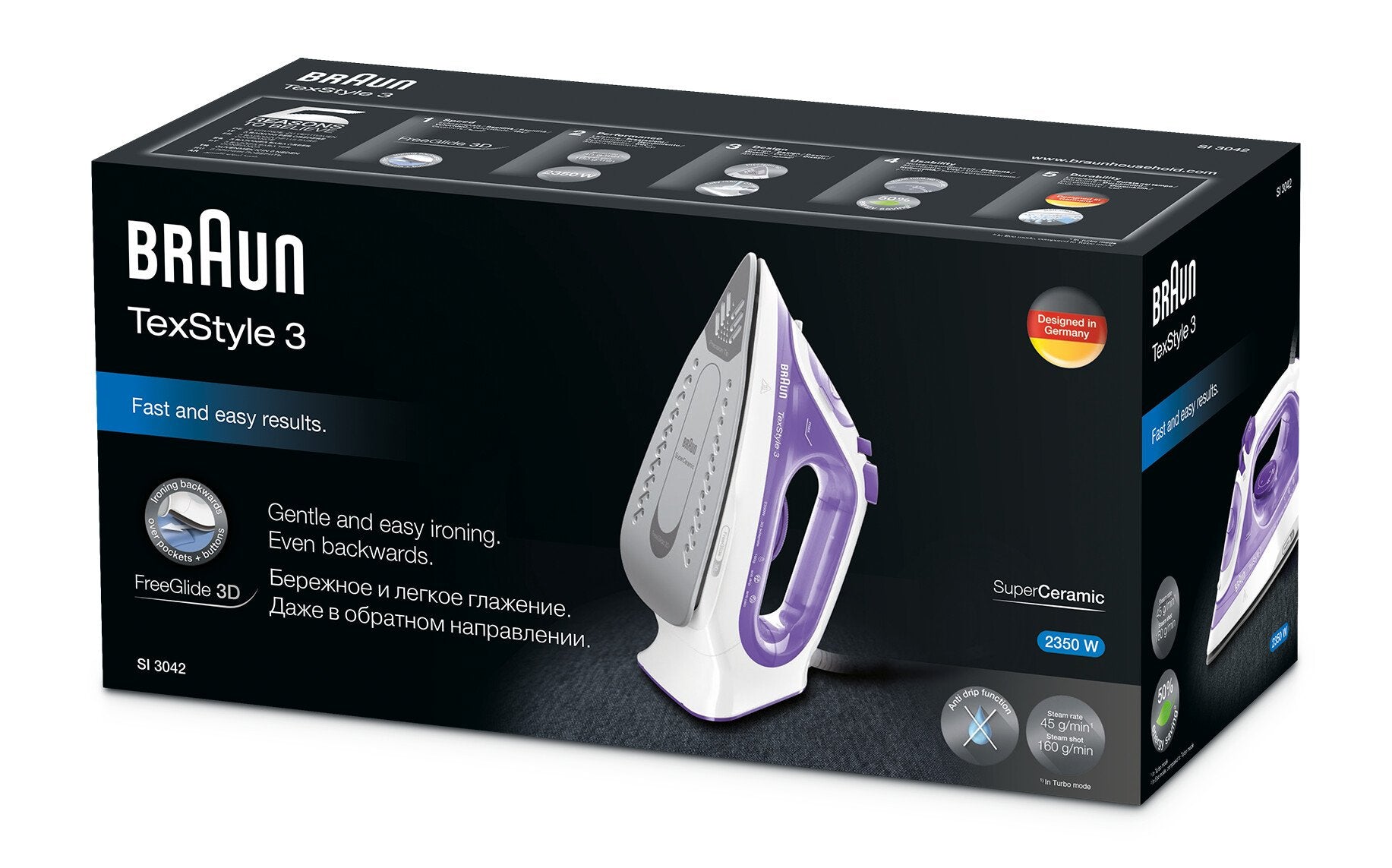 EAN 8021098270689 - Braun TexStyle 3 SI3042VI Plancha a vapor Suela de cerámica 2350 W Púrpura, Plata, Blanco imagen 3