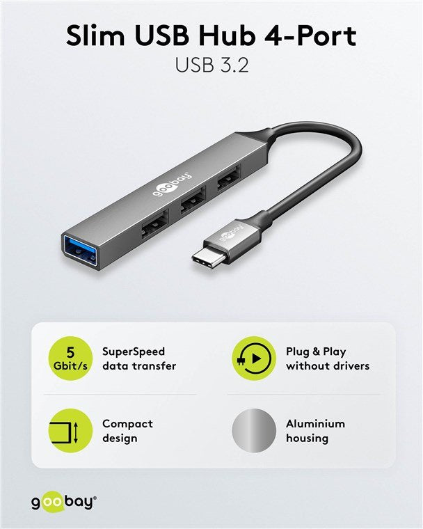 Hub Goobay Concentrador Usb Slim De 4 Puertos, Usb-C A Usb-A, Usb 3.2 Gen1 Gris 74457