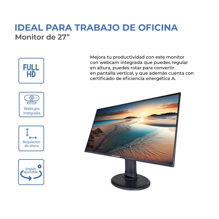 Monitor Punto Informatico Pip2700v 27" Fhd Vga Hdmi Dp Usb Webcam Mm Pivot