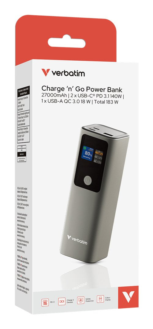 Verbatim Powerbank Charge 'N' Go 27.000mah, 183 Watt Gris, Pd 3.1, Quick Charge 3.0 32269