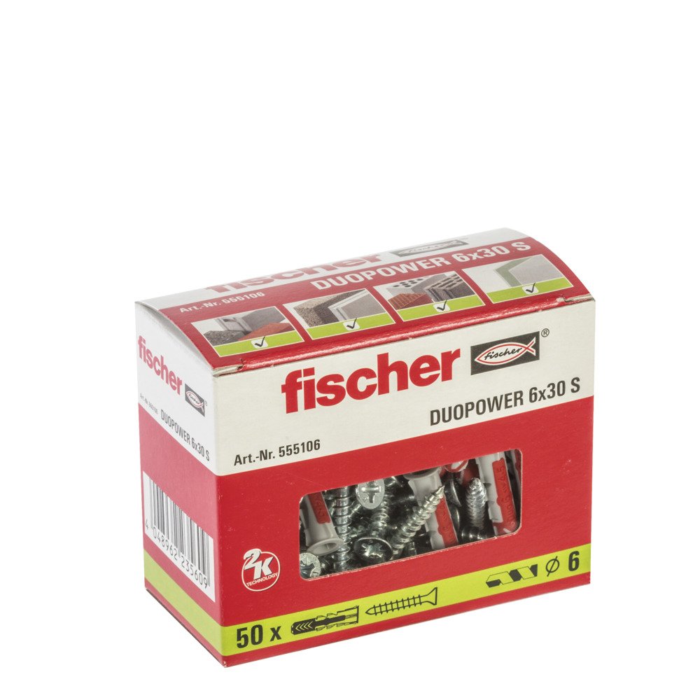 Taco Fischer Duopower Ø6x30mm S+Tornillo Ø4,5x40mm Caja 50 Unid. 555106