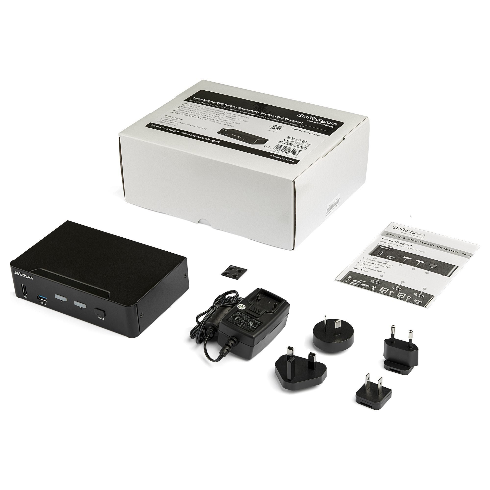 Startech.Com Switch Conmutador Kvm De 2 Puertos Displayport - 4k A 60hz - Para Una Pantalla - Switch Kvm De 2 Puertos Dp 1.2 Uhd Con Hub Ladrón Usb 3.0 Y Audio - Dell Hp Apple - Taa