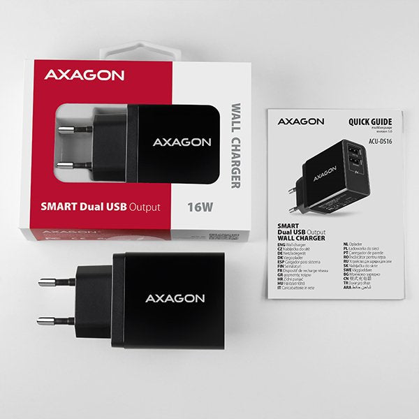 Axagon Acu-Ds16, Cargador De Red Smart, 2x Salidas Usb 5v / 2.2a + 5v / 1a, 16w