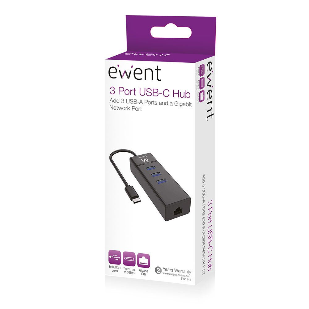 Ewent Ew1141 Hub Tipo-C 3pts.Usb 3.1+1pto. Gigabit