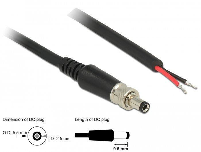 Delock Stromversorgungscable Dc 5,5 X 2,5 X 9,5 Mm Verschraubbar Zu Offenen Cableenden 95 Cm