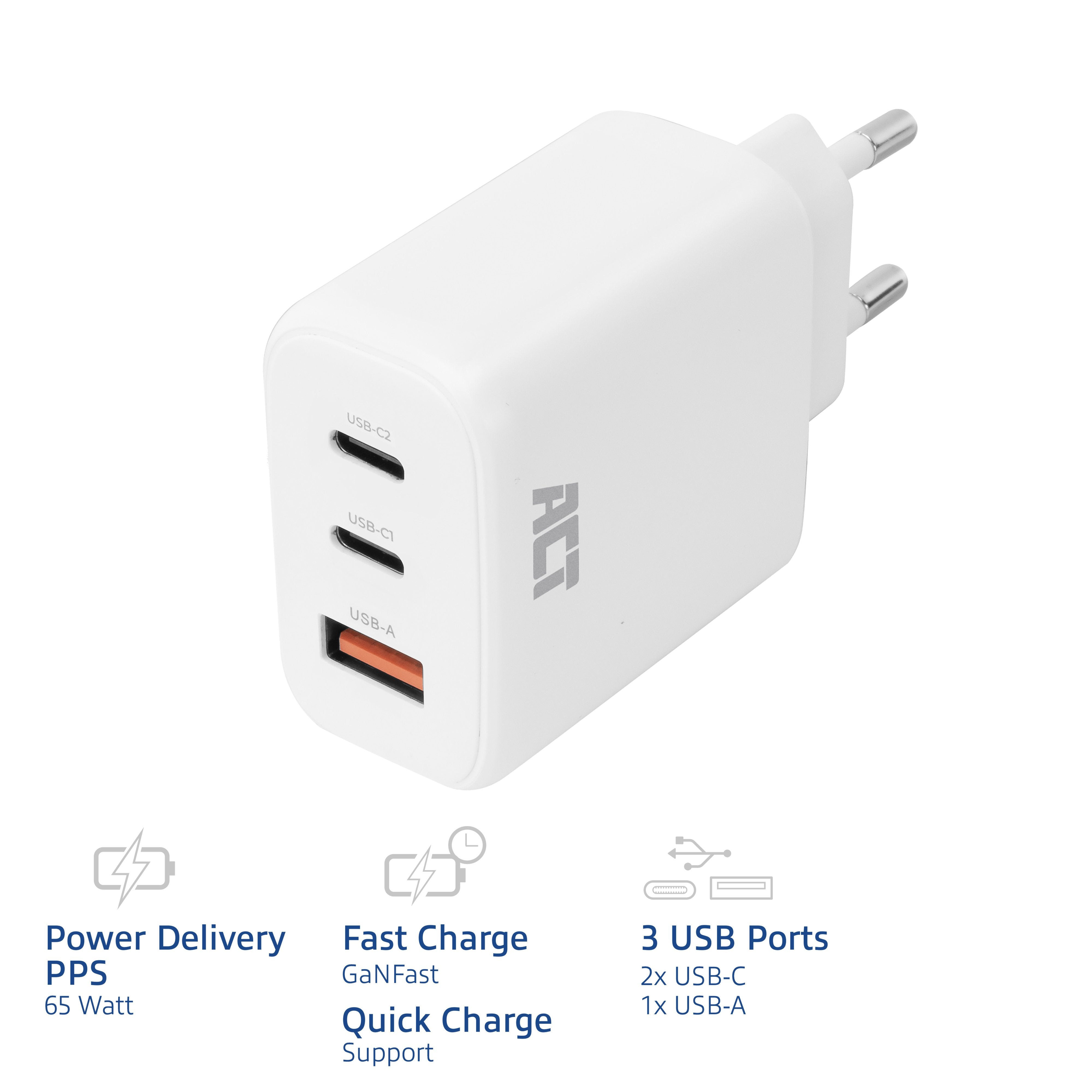 Cargador Usb-C/Usb-A De 65 W Y 3 Puertos Con Power Delivery Pps, Quickcharge Y Ganfast