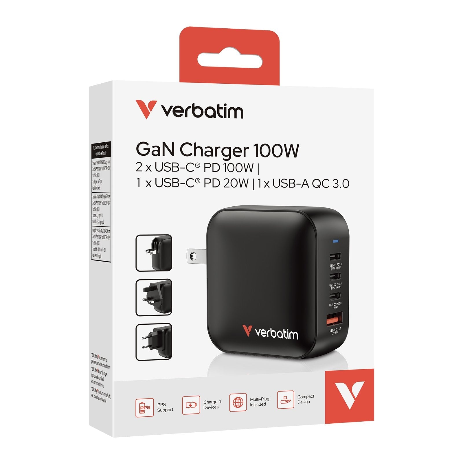 Cargador Verbatim Mini Gan Wall Charger 3xusb Tipo-C 1xusb 100w