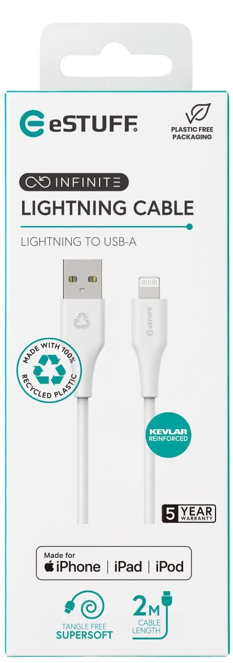 Infinite Usb-A To Lightning - Cable Mfi 2m White. Recycled - Plastic. Super Soft - Warranty: 60m