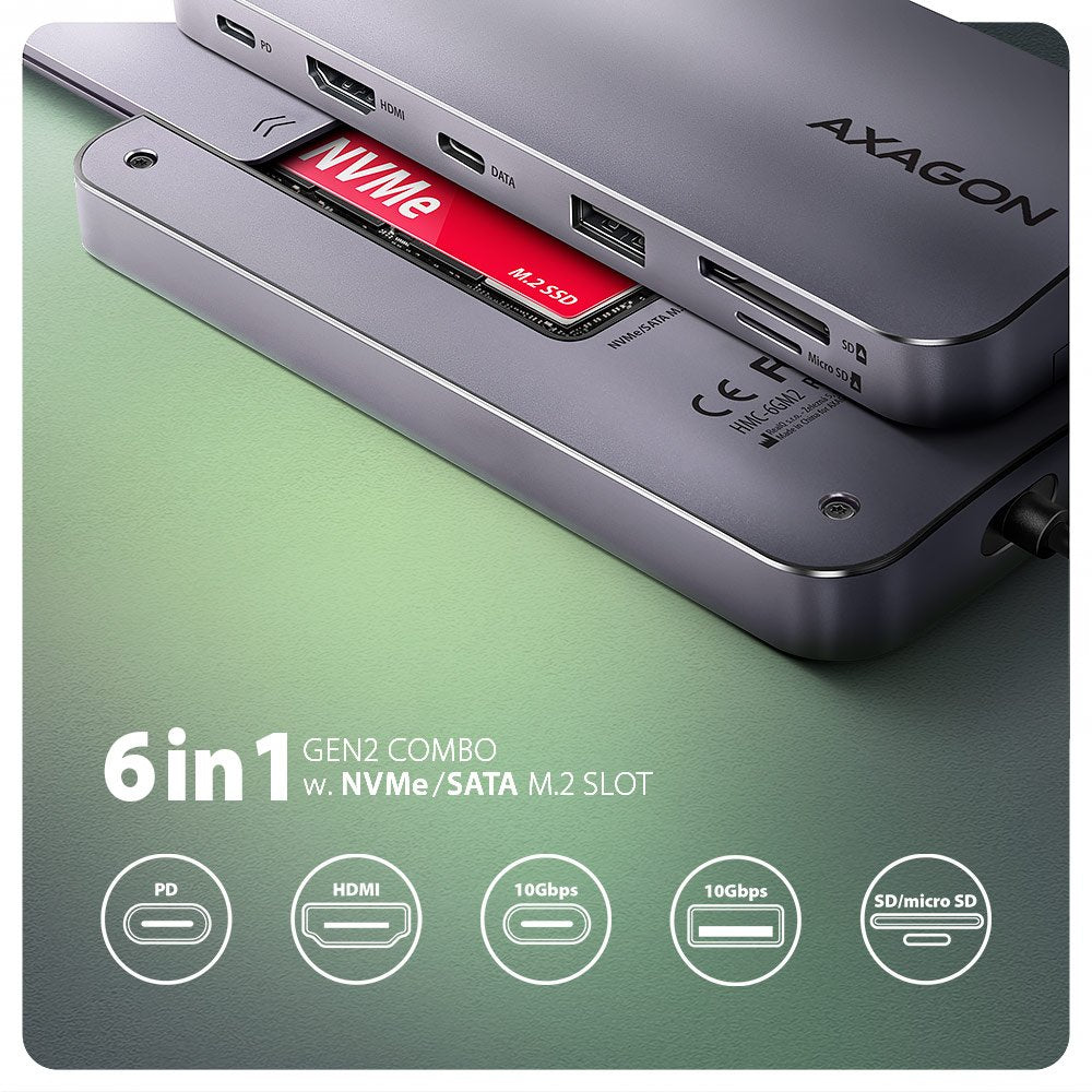 EAN 8595247907462 - Axagon HMC-6GM2 USB 10Gbps hub USB-A USB-C HDMI M.2 SD/mSD PD 100W USB-C Alámbrico USB 3.2 Gen 2 (3.1 Gen imagen 2