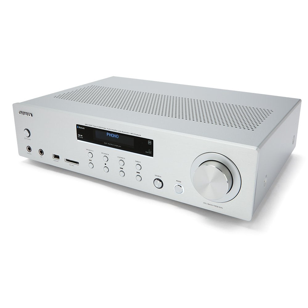 Amplificador Aiwa Amu-120bt Plata 2xcanales/Chasis Metal/2xout 60w/Bt 5.0/Usb/Sd Amu-120btsr