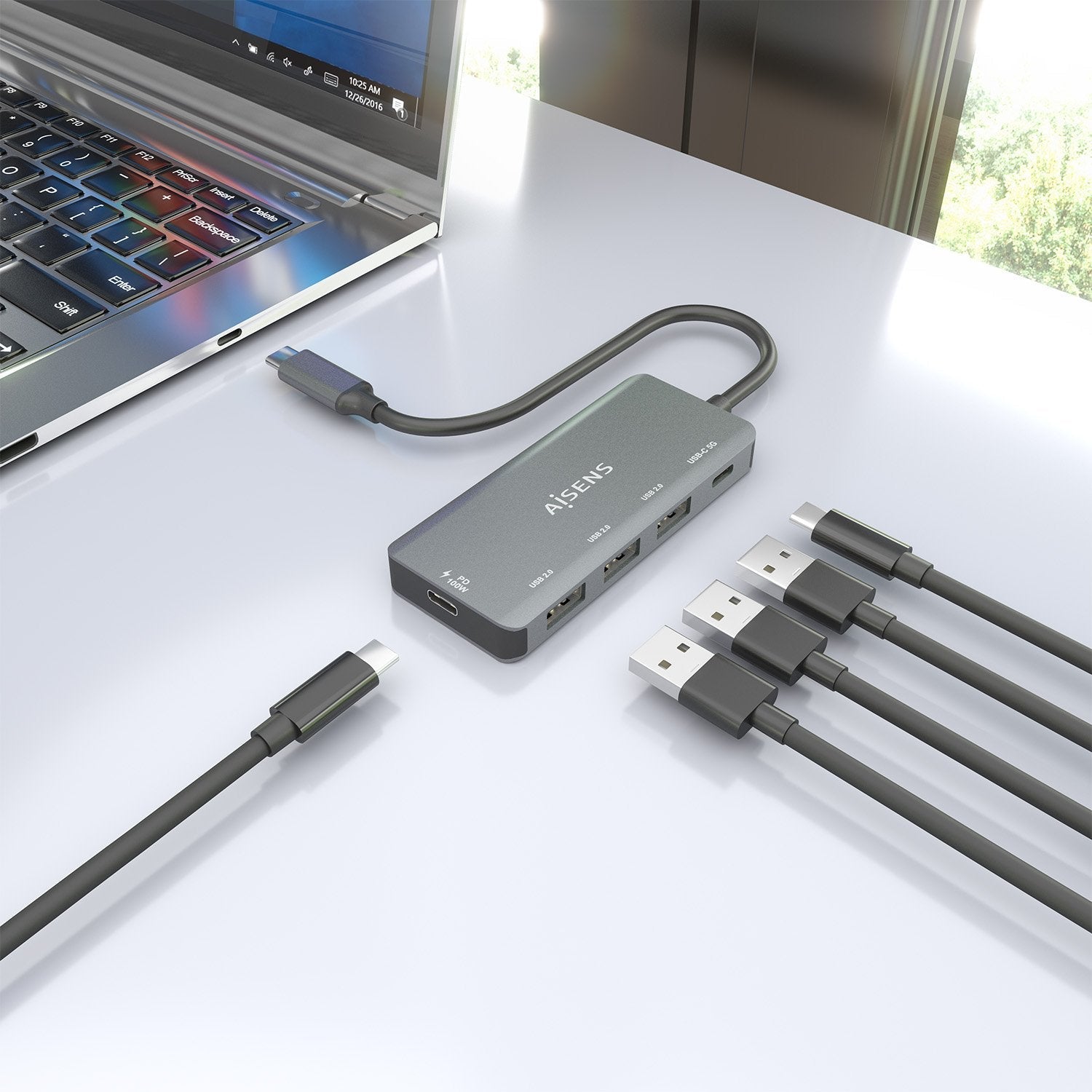 Aisens Hub Usb 3.1 Usb-C, Usb-C/M-1xusb-C Pd 100w+1xusb-C Usb3.0/H+3xusb-A Usb2.0/H, Gris, 15cm