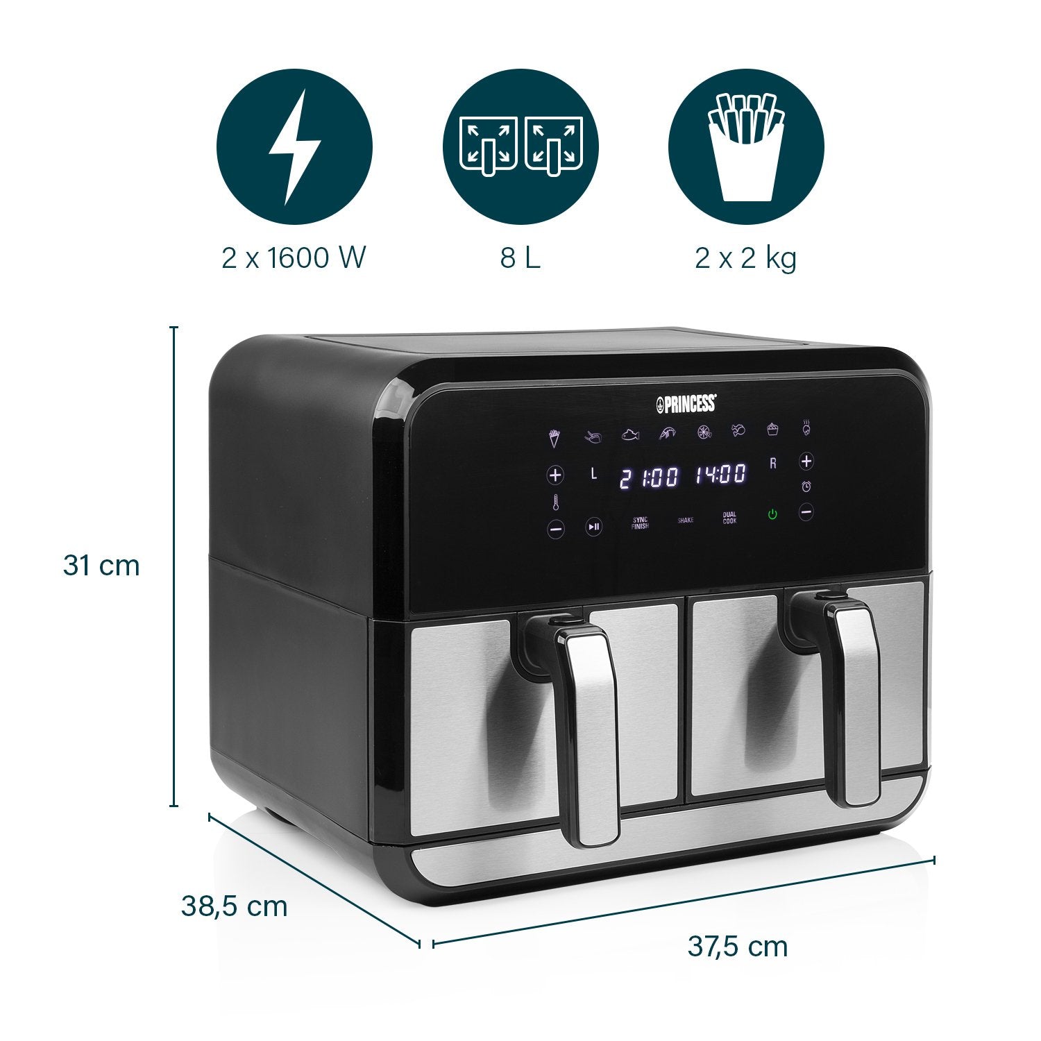 EAN 8712836969360 - Princess 182074 Doble 8 L Independiente 1700 W Freidora de aire caliente Negro, Acero inoxidable imagen 9