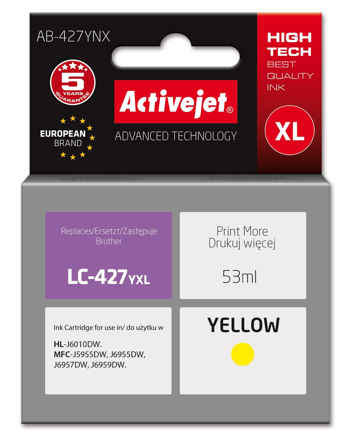 Activejet Ab-427ynx Tinta Para Impresora Brother, Equivalente A Brother Lc-427yxl; Supreme; 53 Ml; Amarillo