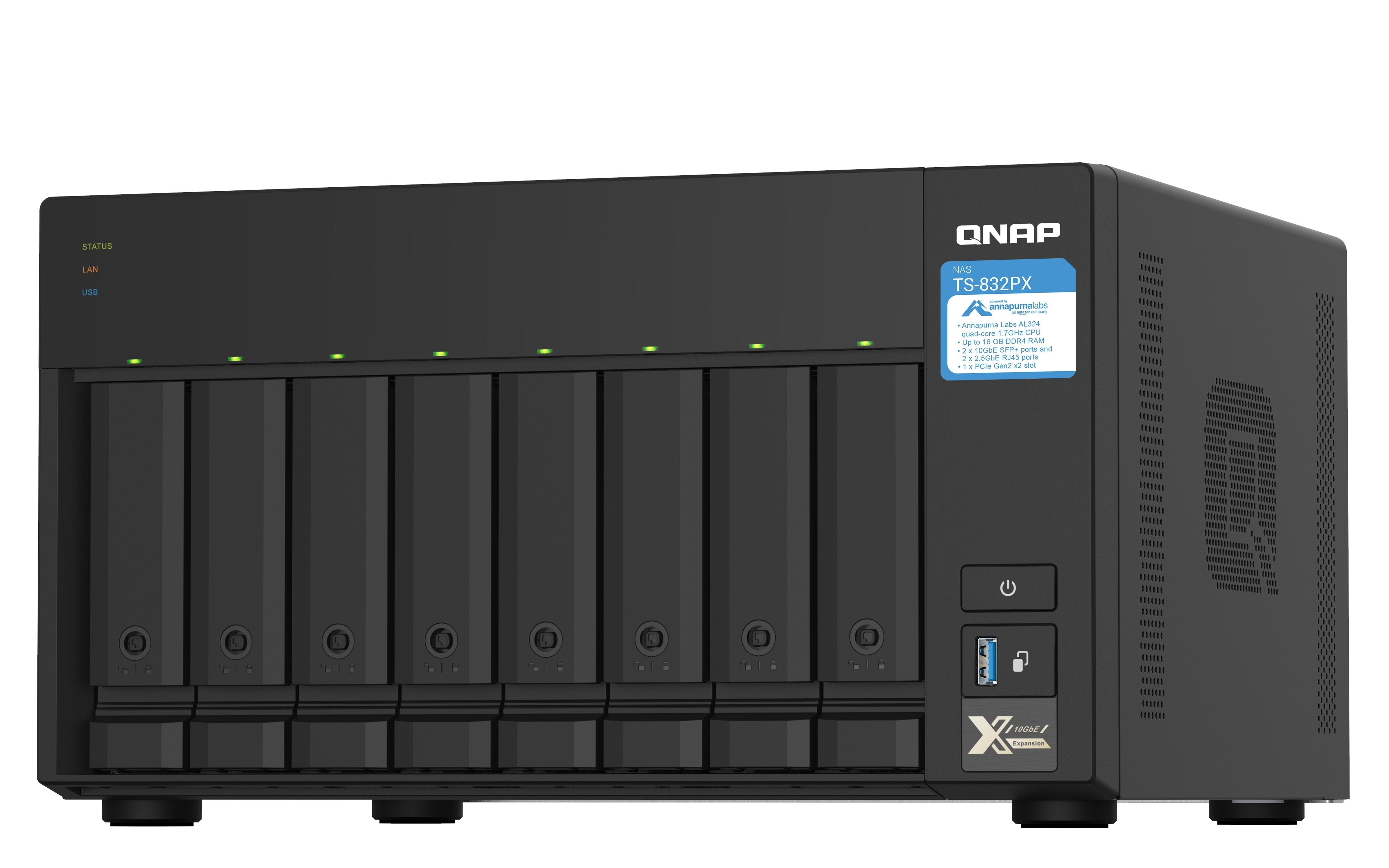 Qnap Ts-832px-4g 8-Bay Nas Server Al324 1.7ghz Quad Core 4gb Ddr4 Sodimm Max. 16gb 2x10gbe Sfp+ Lan + 2x2.5gbe