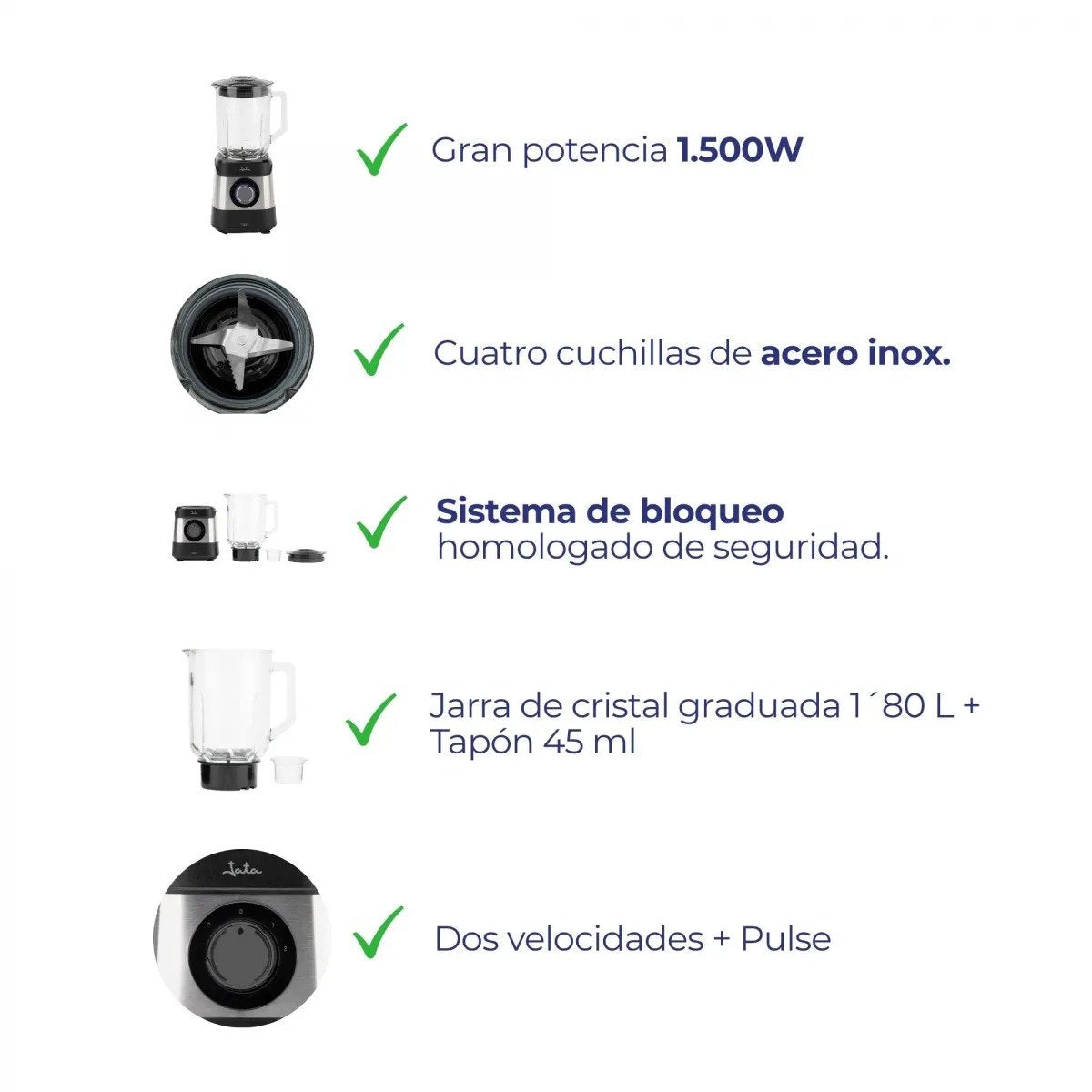 EAN 8421078039587 - JATA JEBT3855 licuadora 1,8 L Batidora de vaso 1500 W Negro, Acero inoxidable, Transparente imagen 6