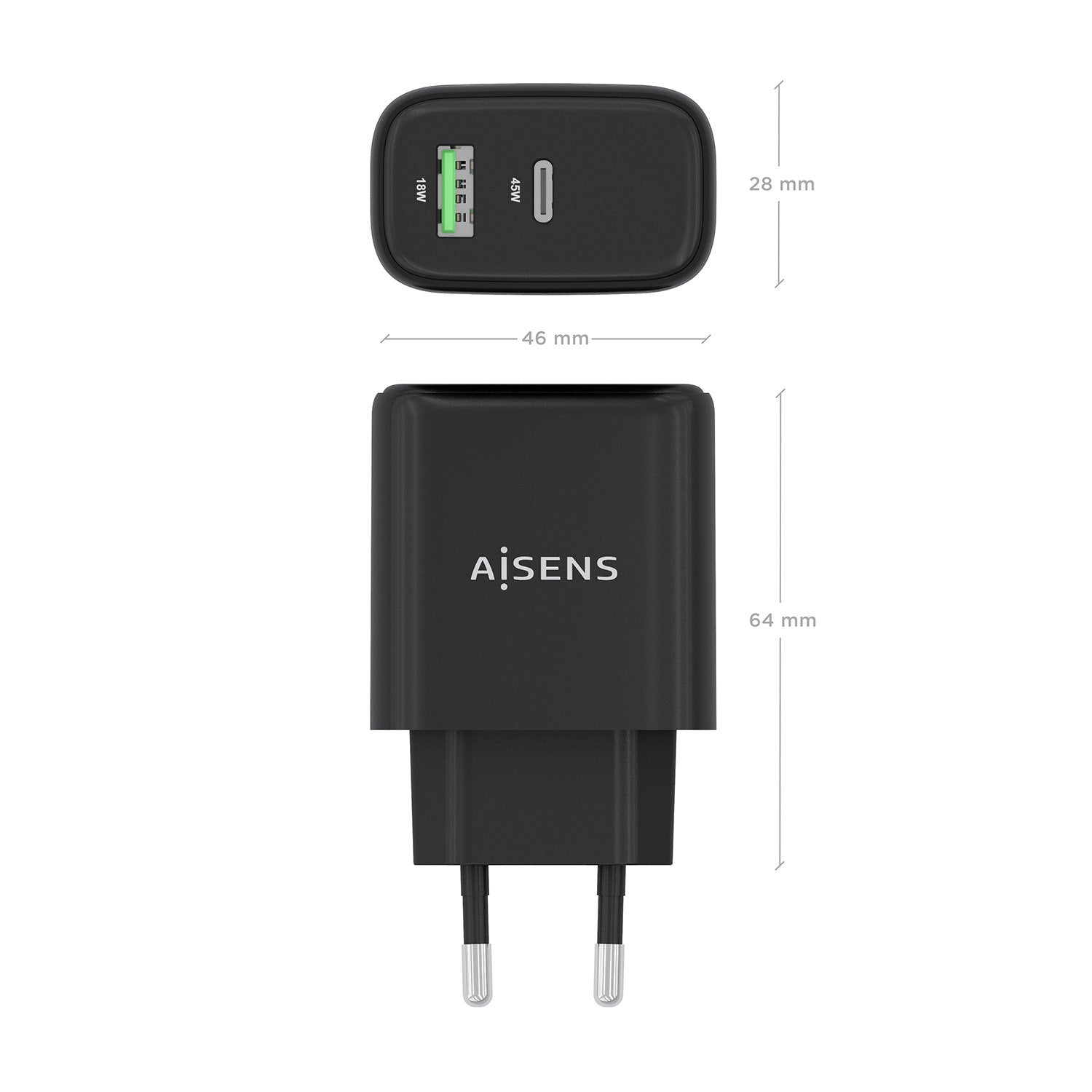 Aisens Cargador Gan 45w, 1xusb-C Pd3.0 Qc4.0, 1xusb-A Qc3.0, Negro