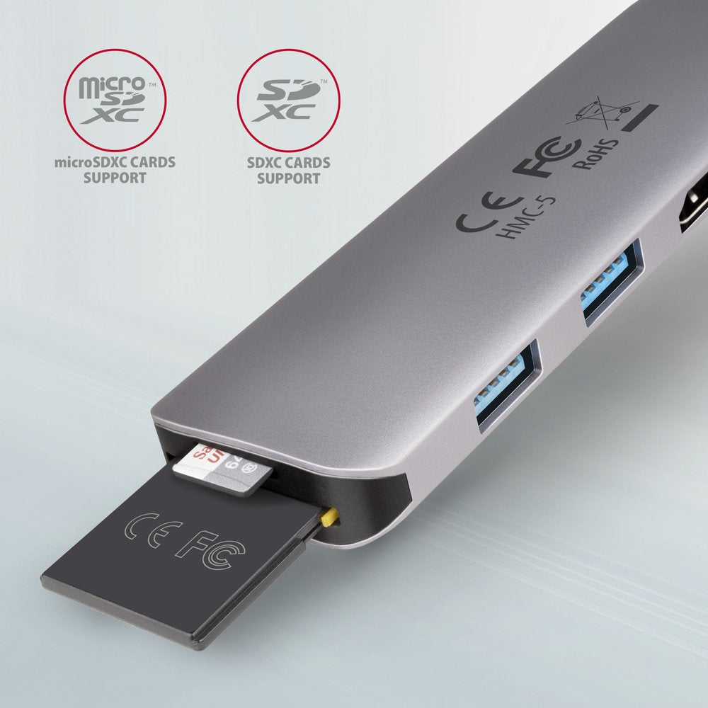 Axagon Hmc-5 Usb-C-Hub, 2x Usb-A, Hdmi, 2x Usb-C 3.2 Gen 1, 1x Sd, 1x Microsd, Plata