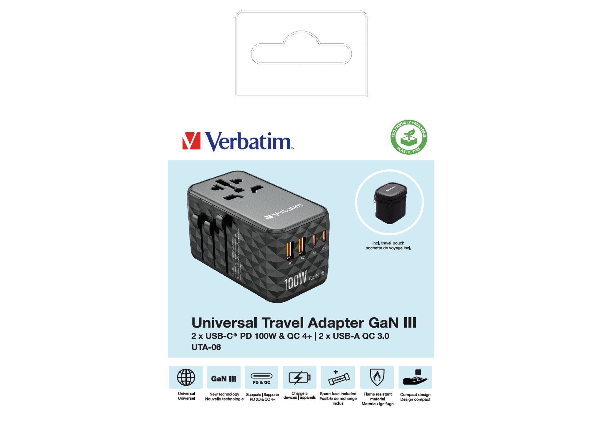 Cargador De Pared Universal Verbatim Uta-06 Gan Iii Toma De Corriente Universal 2xusb Tipo-C 2xusb 100w