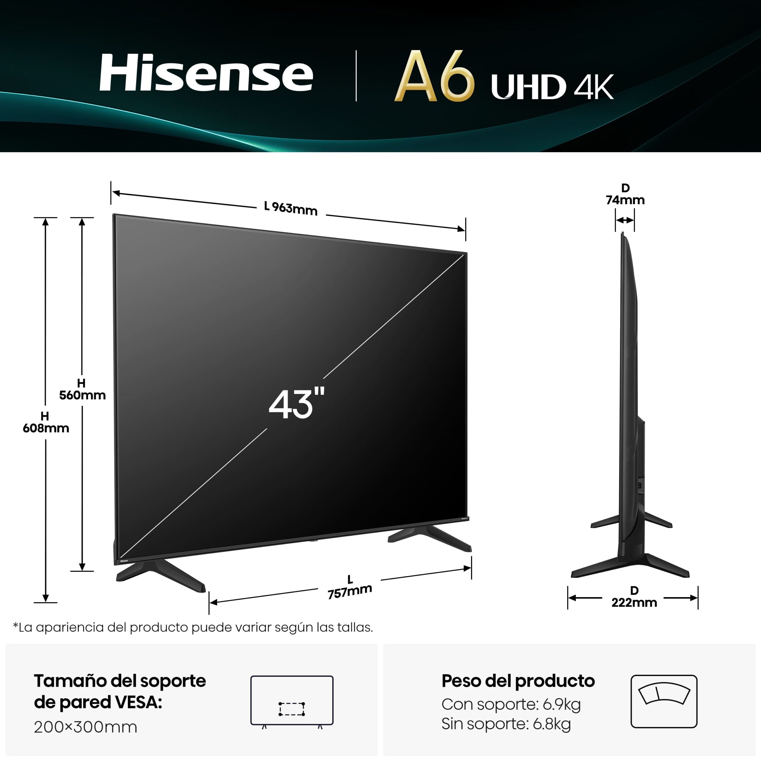 EAN 6942351415628 - Hisense 43A6Q Televisor 109,2 cm (43") 4K Ultra HD Smart TV Wifi Negro 300 cd / m² imagen 3