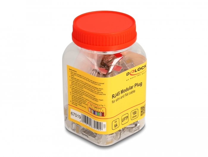 Delock 67019 Juego De 100 Conectores Modulares Rj45 Cat.6a Para Cables Planos Y Delgados