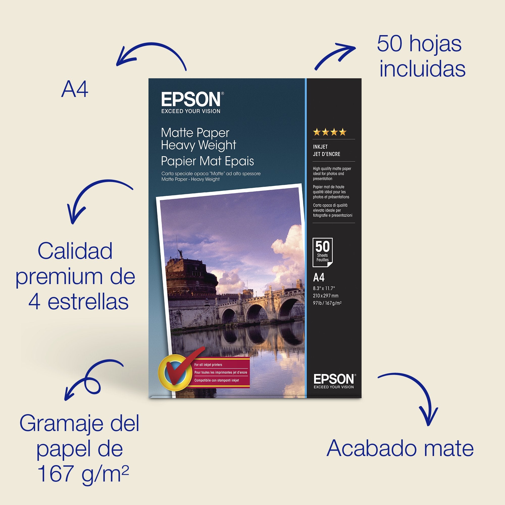 EAN 0010343818439 - Epson Heavy Weight, DIN A4, 167g/m² Blanco imagen 1