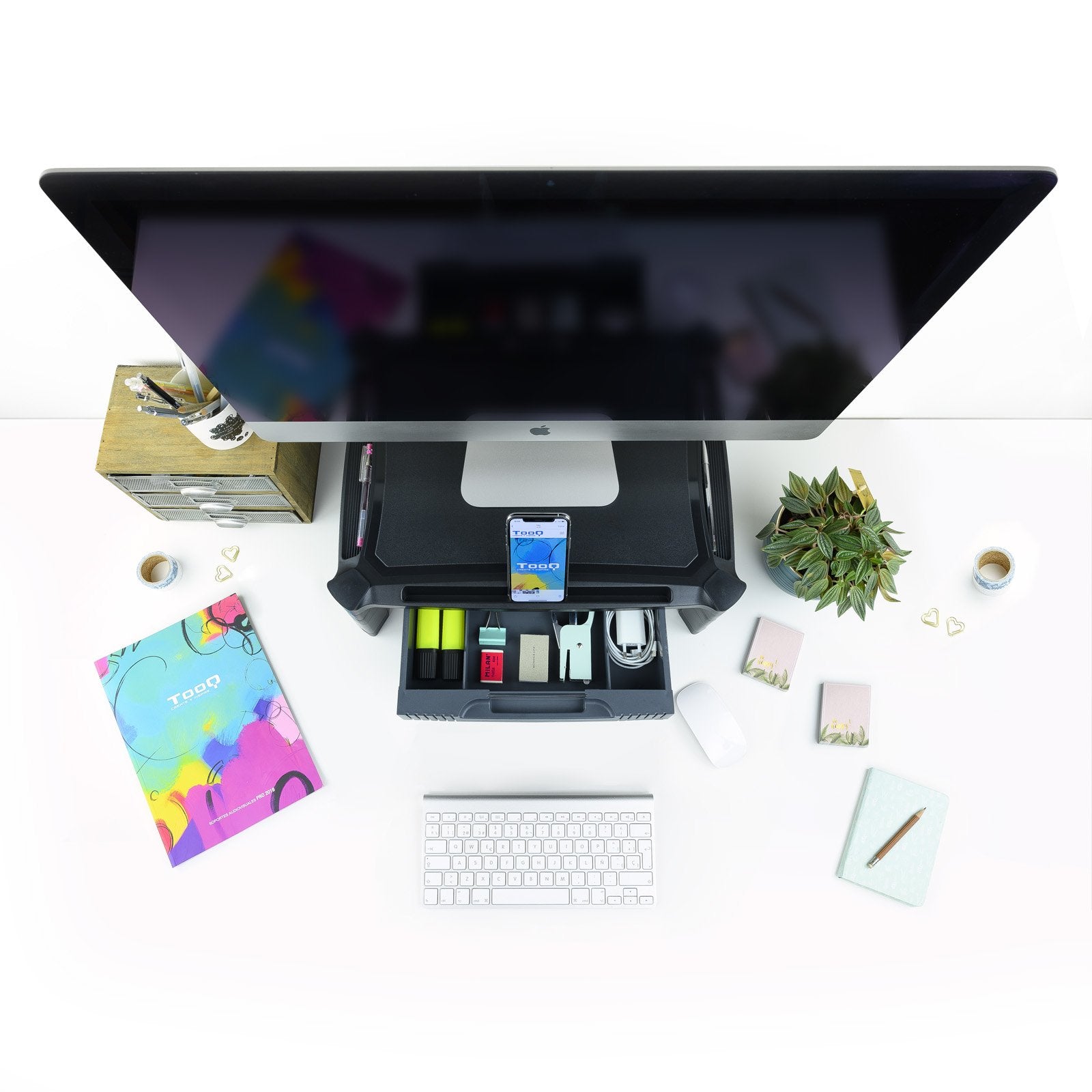 Tooq Soporte Elevador Con Cajon Para Monitor O Portatil - Regulable En Altura - Peso Max 10kg - Negro