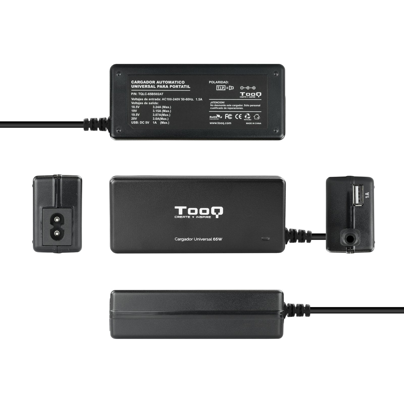 Tooq Cargador Universal Automatico Para Portatil 65w - Usb - 8 Adaptadores - Voltaje 18.5-20v
