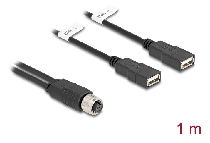 Delock M12 Cable A-Kodiert 8 Pin Buchse Zu 2 X Usb 2.0 Typ-A Buchse 1 M Schwarz