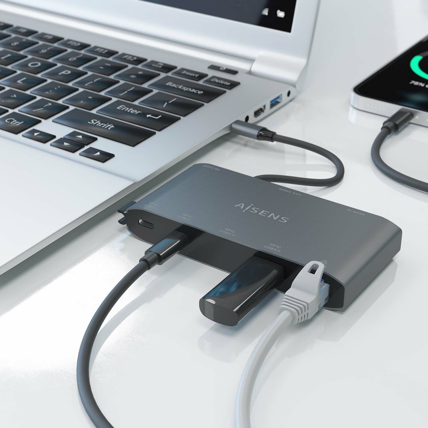 Aisens Usb-C Dock 8 En 1 - Usb-C A 1xhdmi - 1xvga - 1xrj45 - 2xusb-A - 2xusb-C 5g - 1xusb-C Pd - 20cm - Gris