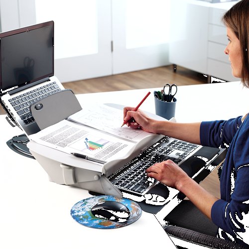 Fellowes Soporte Y Atril Multifuncion - Ajustable En Altura - Cajon De Almacenamiento - Tope En La Parte Inferior -