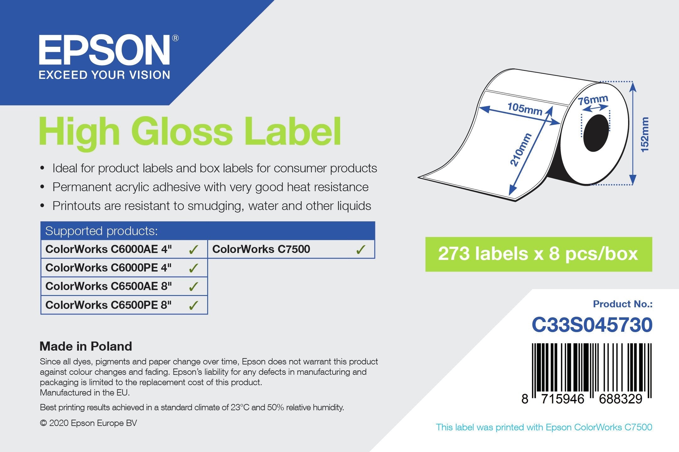 Epson High Gloss Label - Die-Cut: 105mm X 210mm, 273 Labels