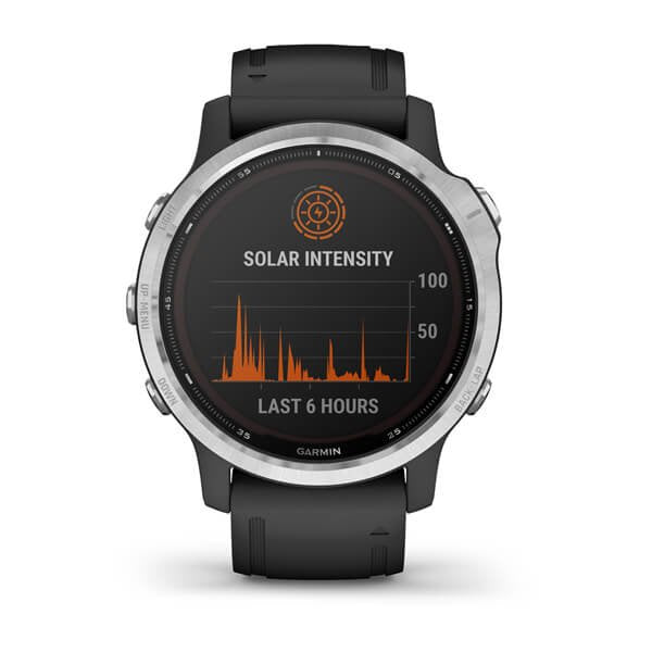 Reloj Deportivo Con Gps Garmin Fénix 6s Solar Plata/Negro Pantalla 30.4mm Carga Solar Frec Cardiaca Pulsioximetro 10atm Multisport
