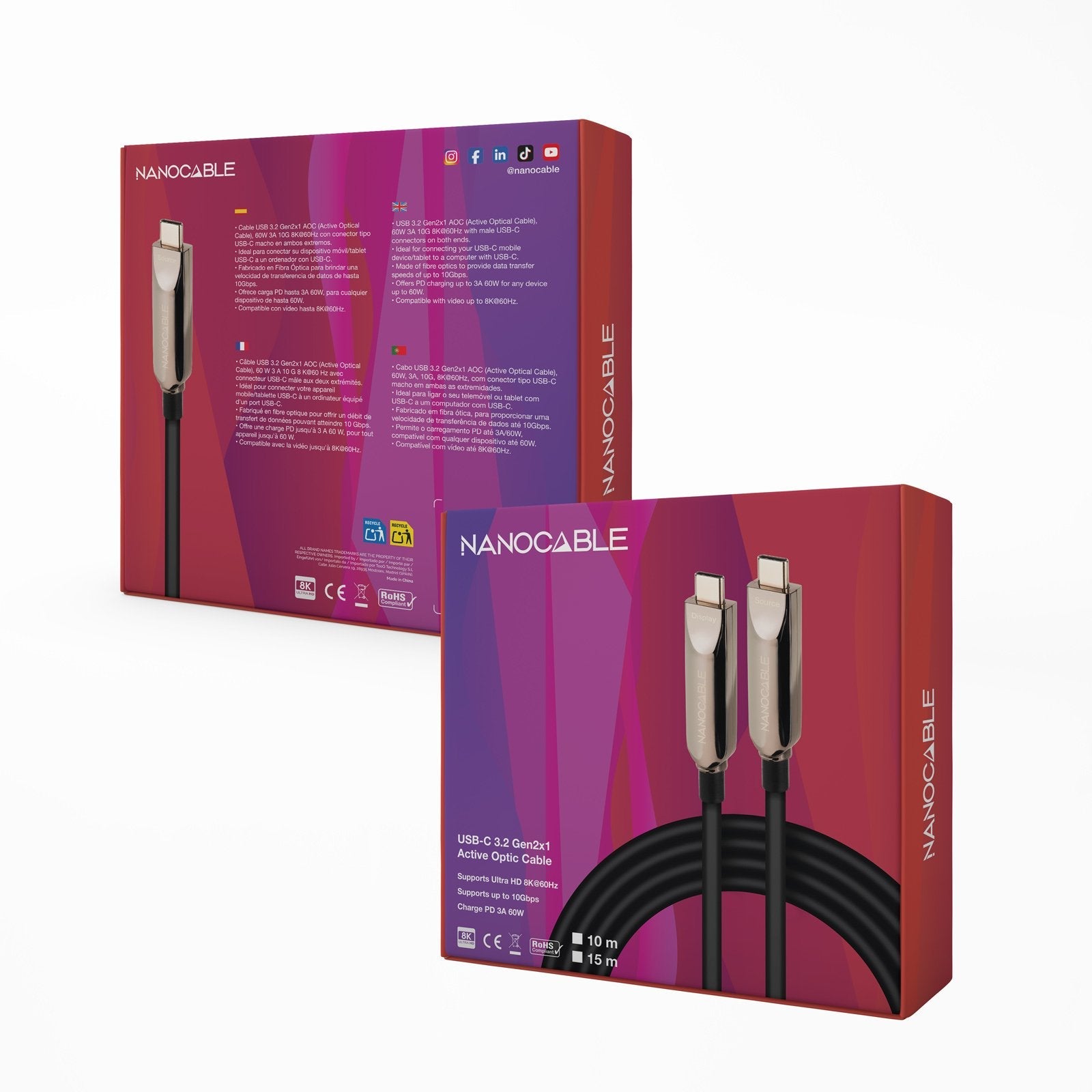 Cable Usb 3.2 Tipo-C Aoc Nanocable 10.01.4615 Usb Tipo-C Macho Usb Tipo-C Macho Hasta 60w 10gbps 15m Negro