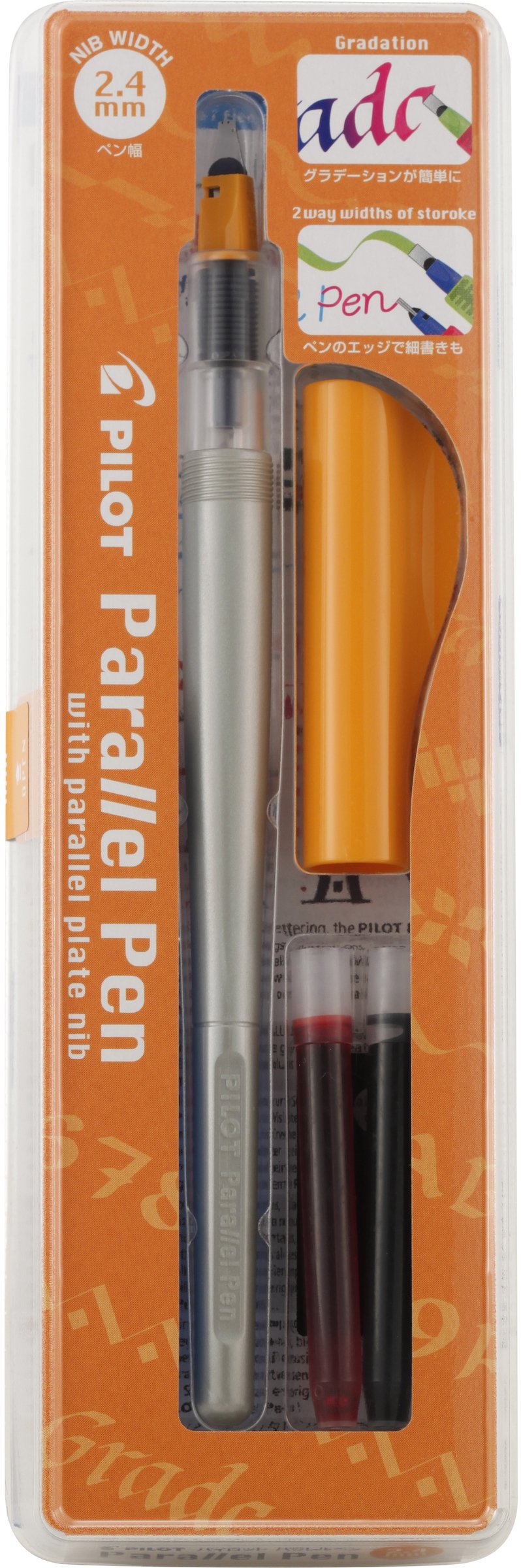 Pilot Pack De Pluma Estilografica Parallel Pen 2.4mm - Punta De Acero - Trazo De 2.4mm - 2 Recargas, Kit Limpieza Interior Y Exterior - Color Negro/Rojo