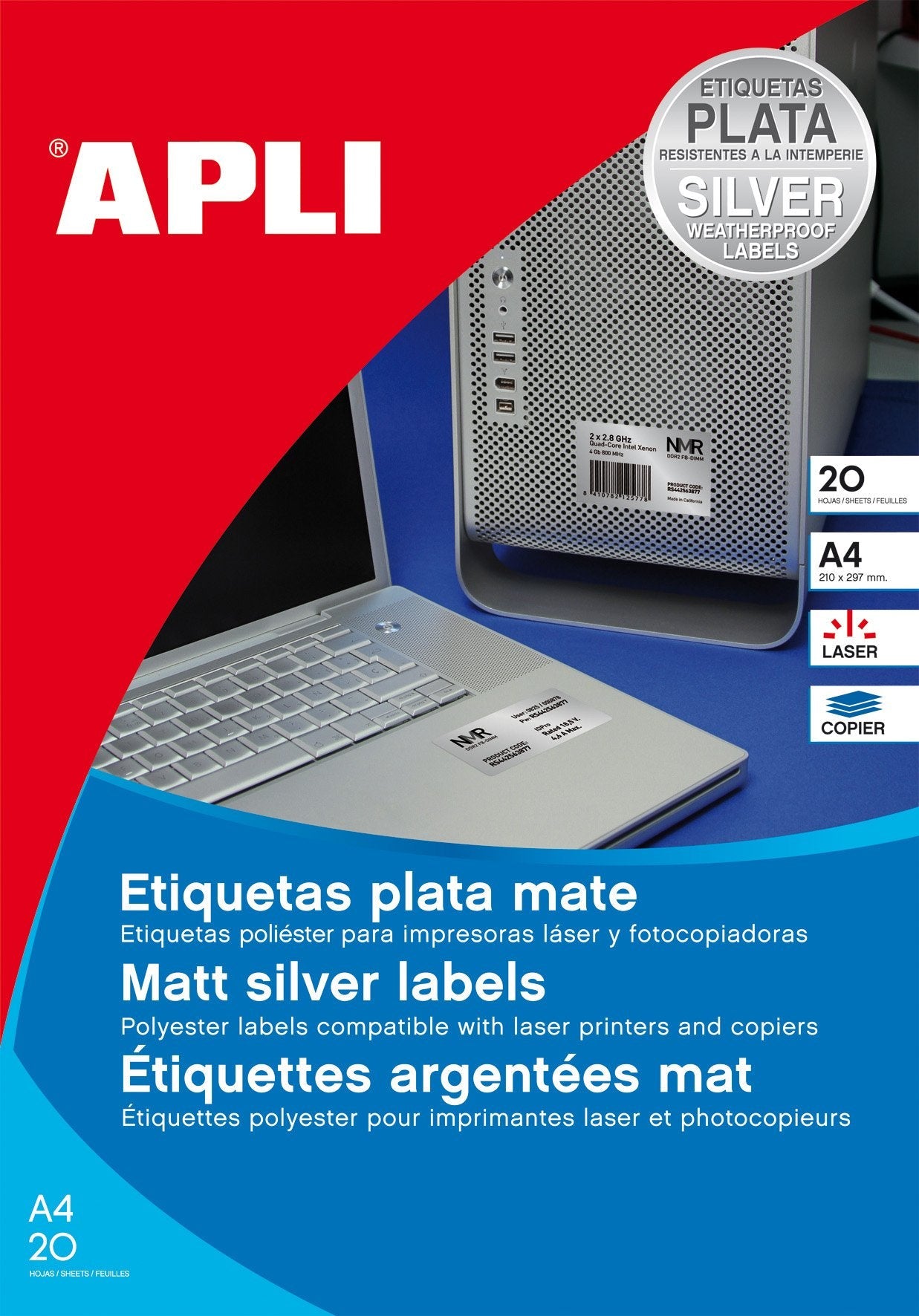 Apli Etiquetas Metalizadas 210x297mm Láser/Fotocopiadoras Cantos Rectos Plata 20 Hojas